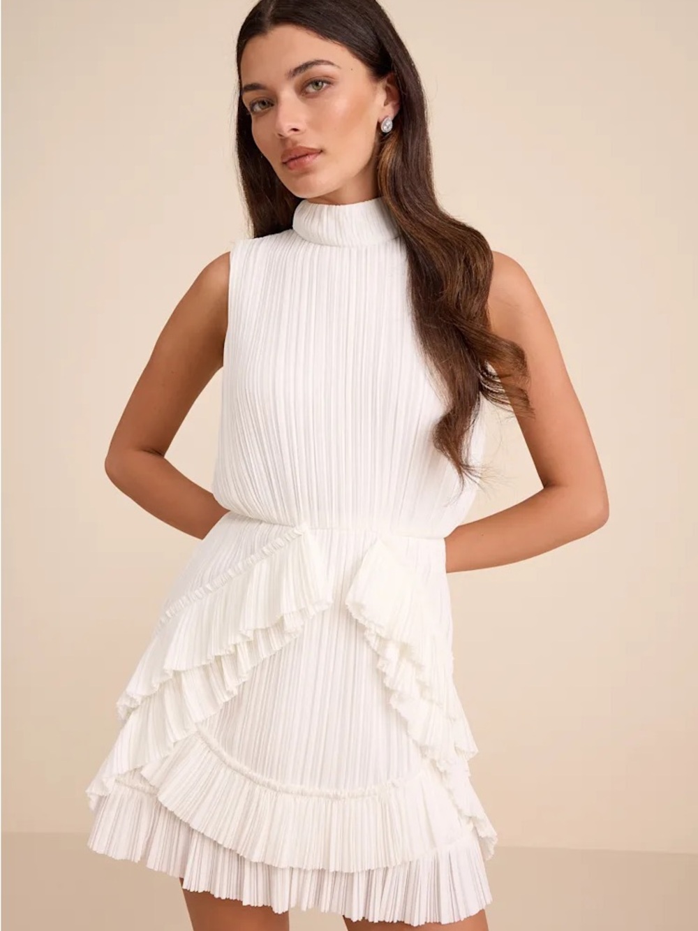 Alvana White Plisse Mock Neck Ruffled Mini Dress